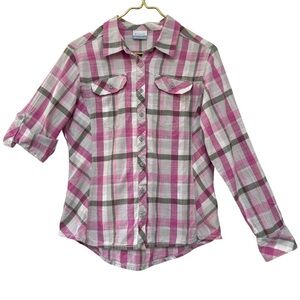 Columbia Pink Gray Plaid Button Down Roll-Tab Sleeve Shirt Cotton Women’s Large